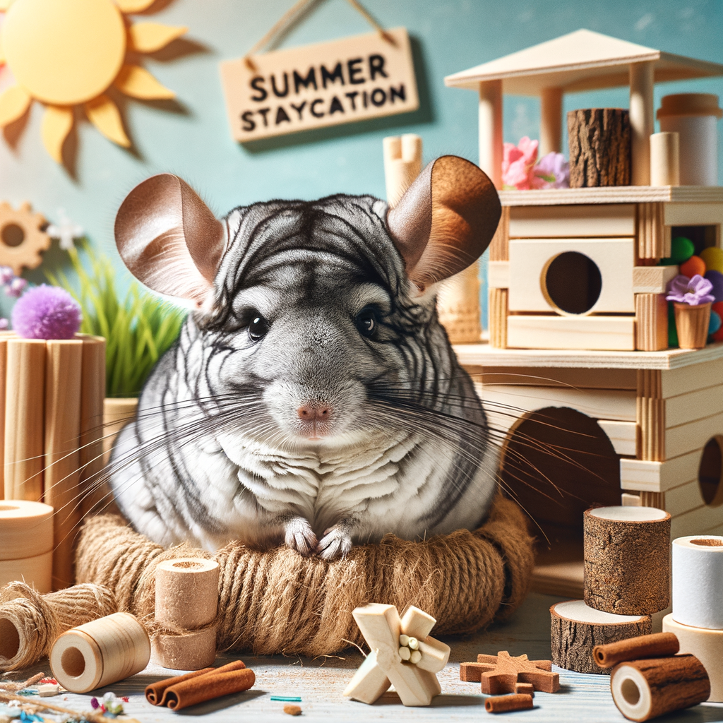 Chinchilla enjoying a summer staycation in a cool DIY habitat with homemade toys, highlighting innovative chinchilla care in summer and essential summer pet care tips.