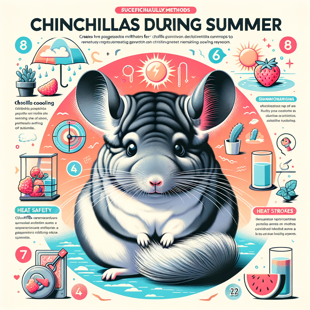 Infographic detailing chinchilla care in summer, highlighting chinchilla temperature regulation, heat safety, and cooling methods to prevent heat stroke and ensure summer safety for chinchillas.