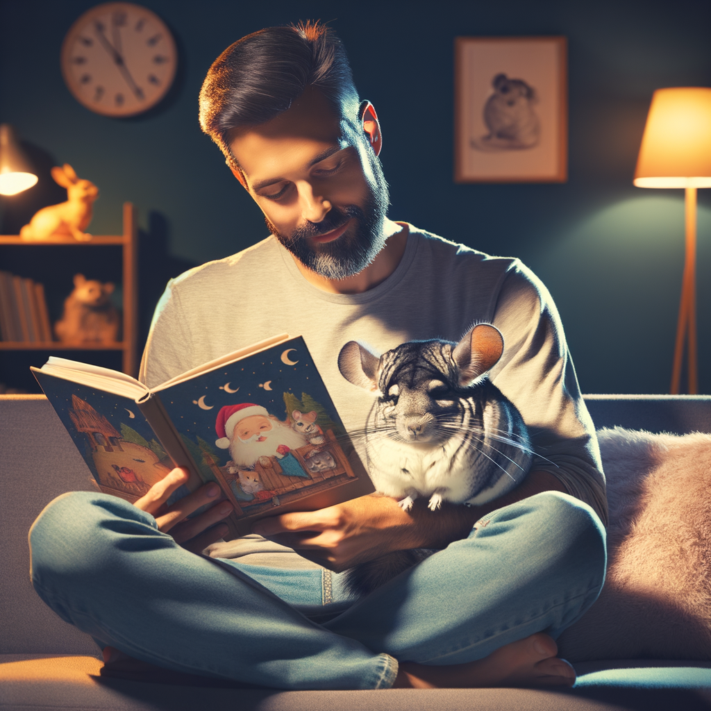 Pet owner practicing chinchilla care by reading chinchilla bedtime stories from a pet storybook, demonstrating chinchilla sleep habits and bedtime routines for pets in a cozy ambiance.