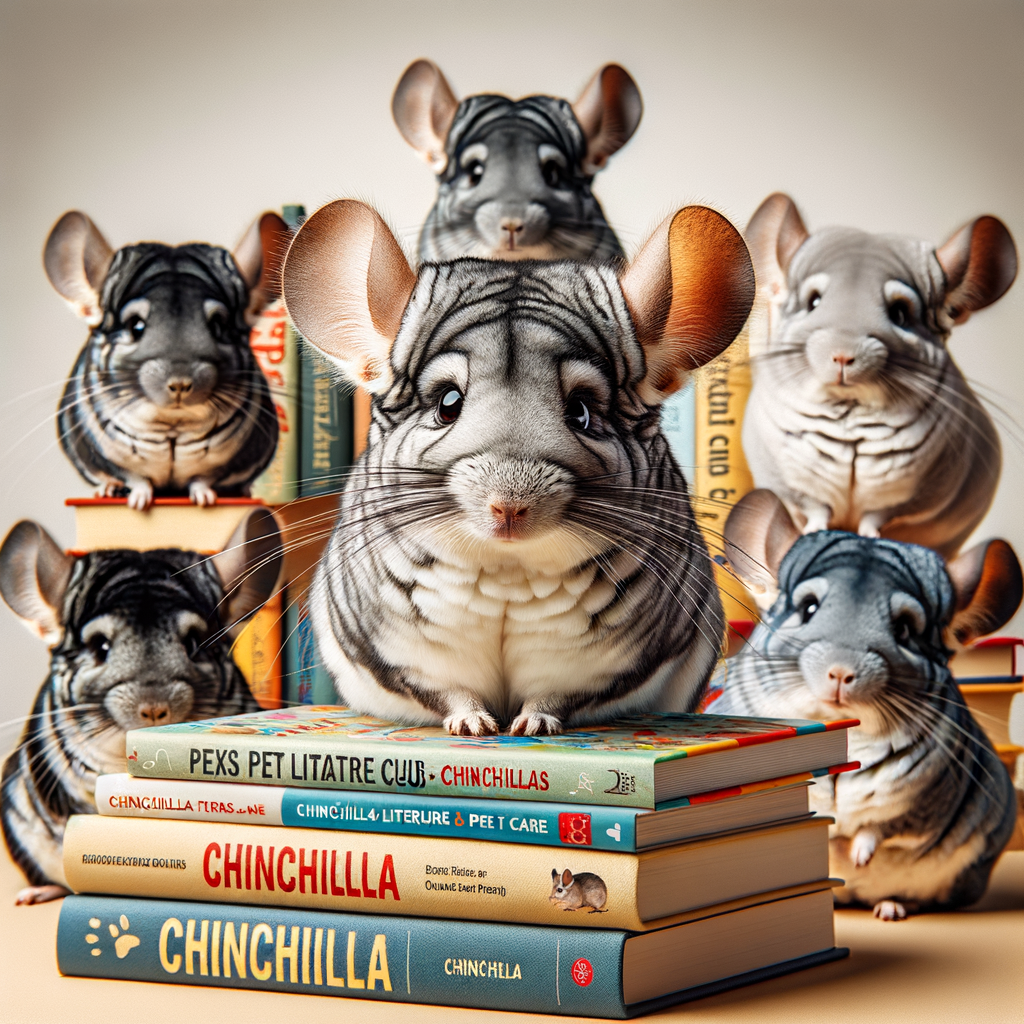 Chinchillas engaging in a pet book club, exploring chinchilla-themed literature and chinchilla care books, showcasing chinchilla reading habits and promoting reading with pets in a chinchilla society.