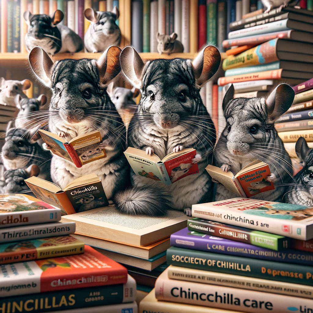Chinchilla society engrossed in pet literature and Chinchilla-friendly books, promoting the concept of reading with pets in a pet book club and exploring books with chinchillas.