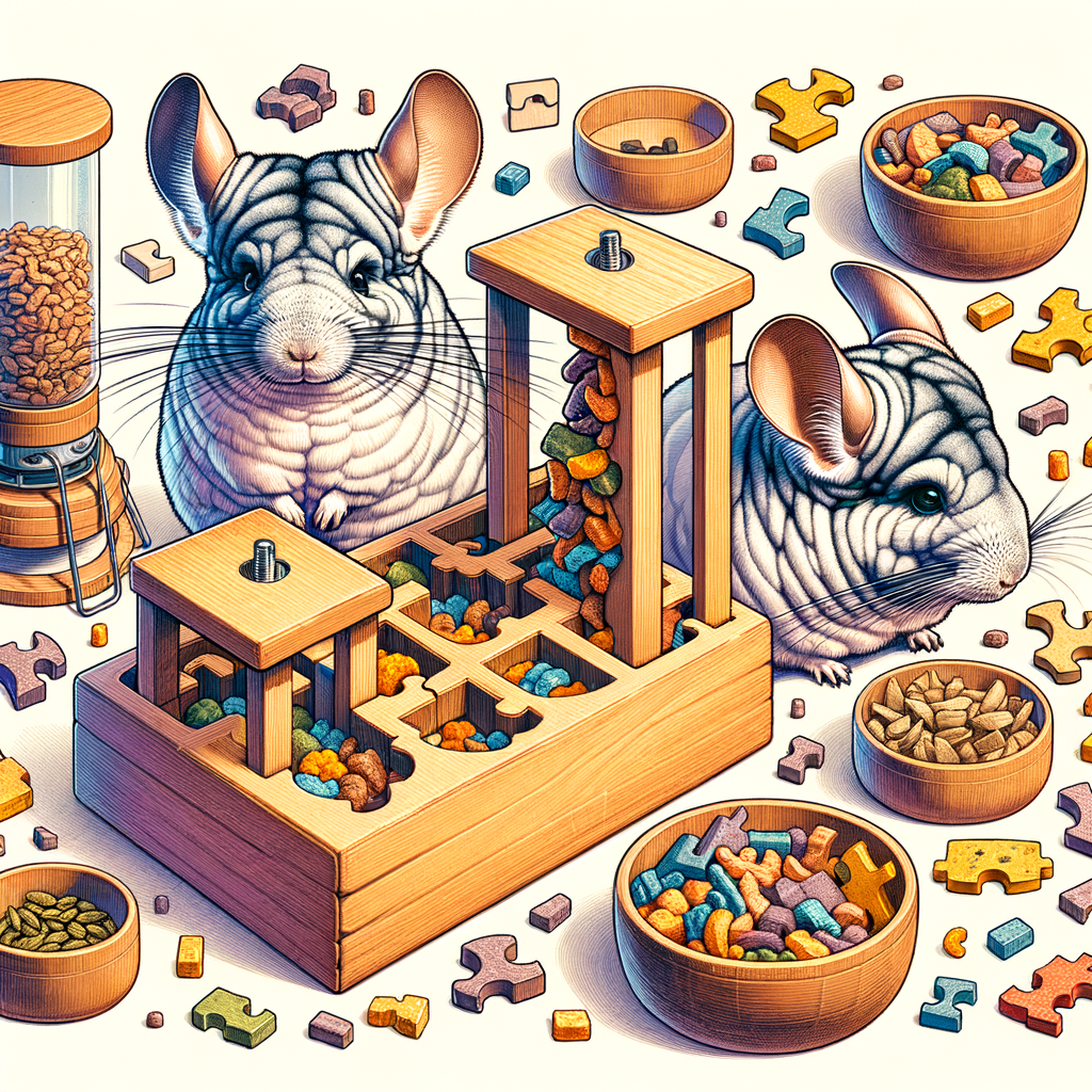 Assortment of homemade Chinchilla DIY feeders and puzzle feeders for mental stimulation and fun mealtime activities, showcasing chinchilla feeding puzzles for mental enrichment.