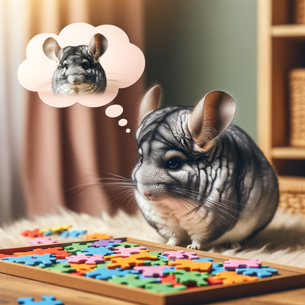 Chinchilla engaging in brain stimulation game, demonstrating chinchilla intelligence and behavior for mental health, highlighting the importance of pet chinchilla games and mental exercises in chinchilla care and training.