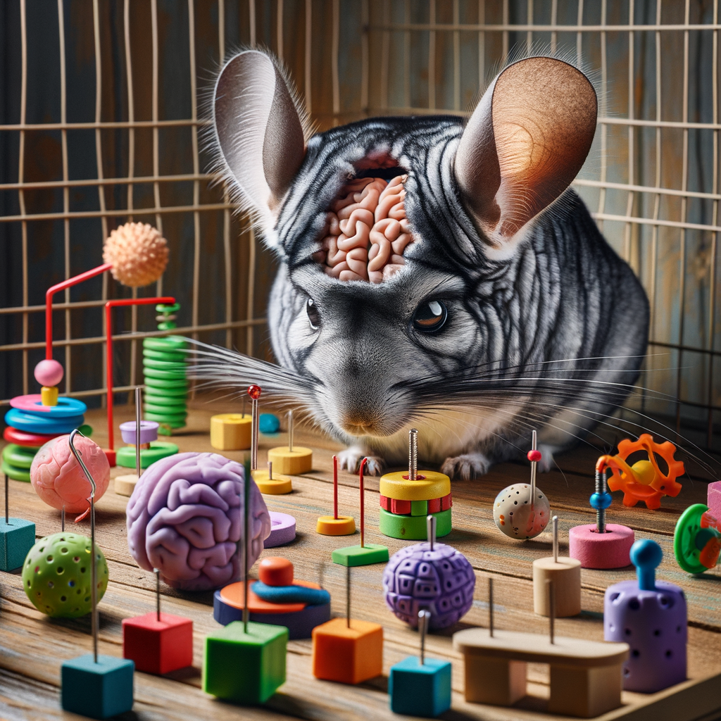 Chinchilla demonstrating intelligence through DIY brain-teasing activities, using homemade toys for mental stimulation and cognitive development, highlighting the potential of boosting Chinchilla IQ through enrichment activities.