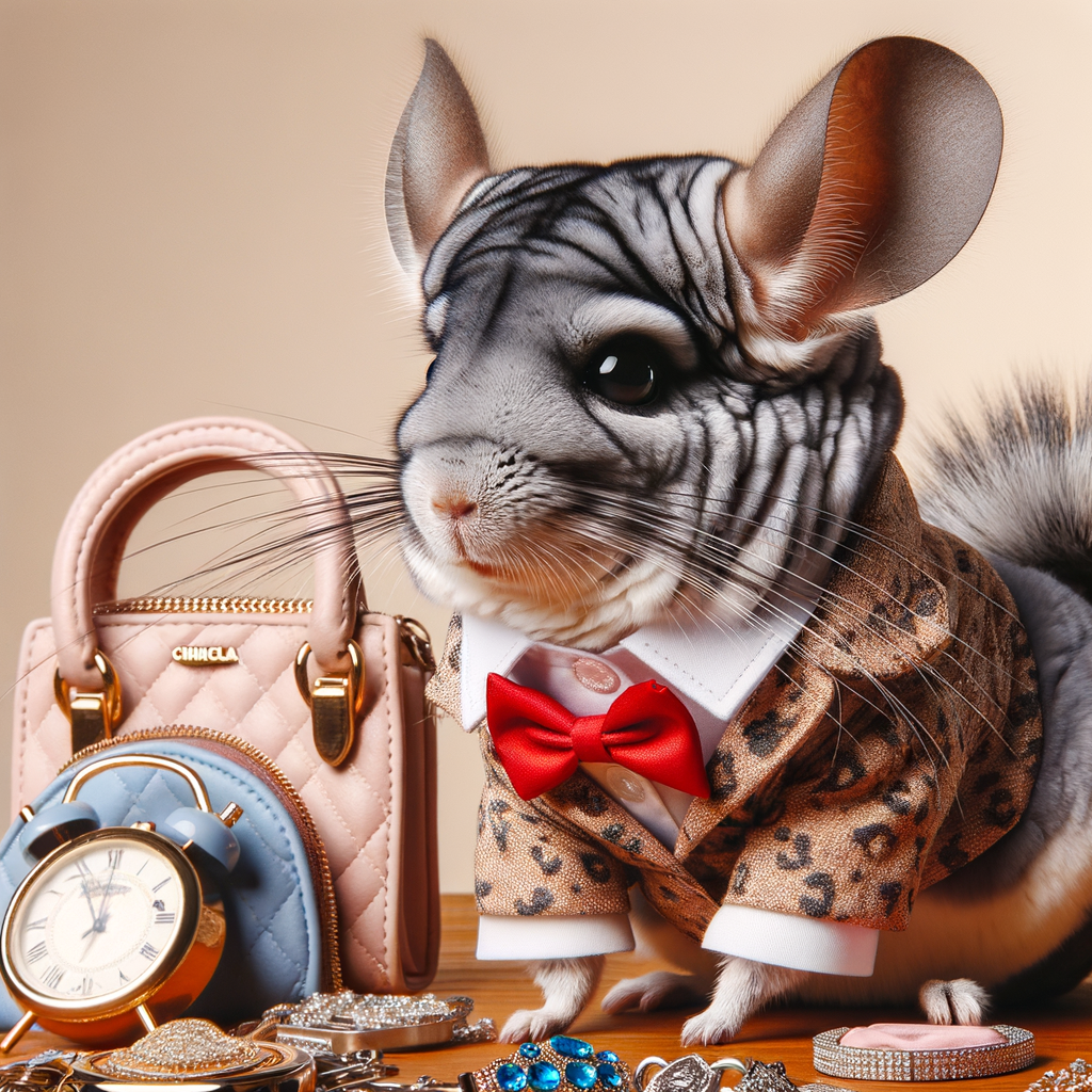 Chinchilla in luxury pet fashion, showcasing latest chinchilla fashion trends with designer chinchilla clothes and accessories, demonstrating pet panache and the art of styling pets.