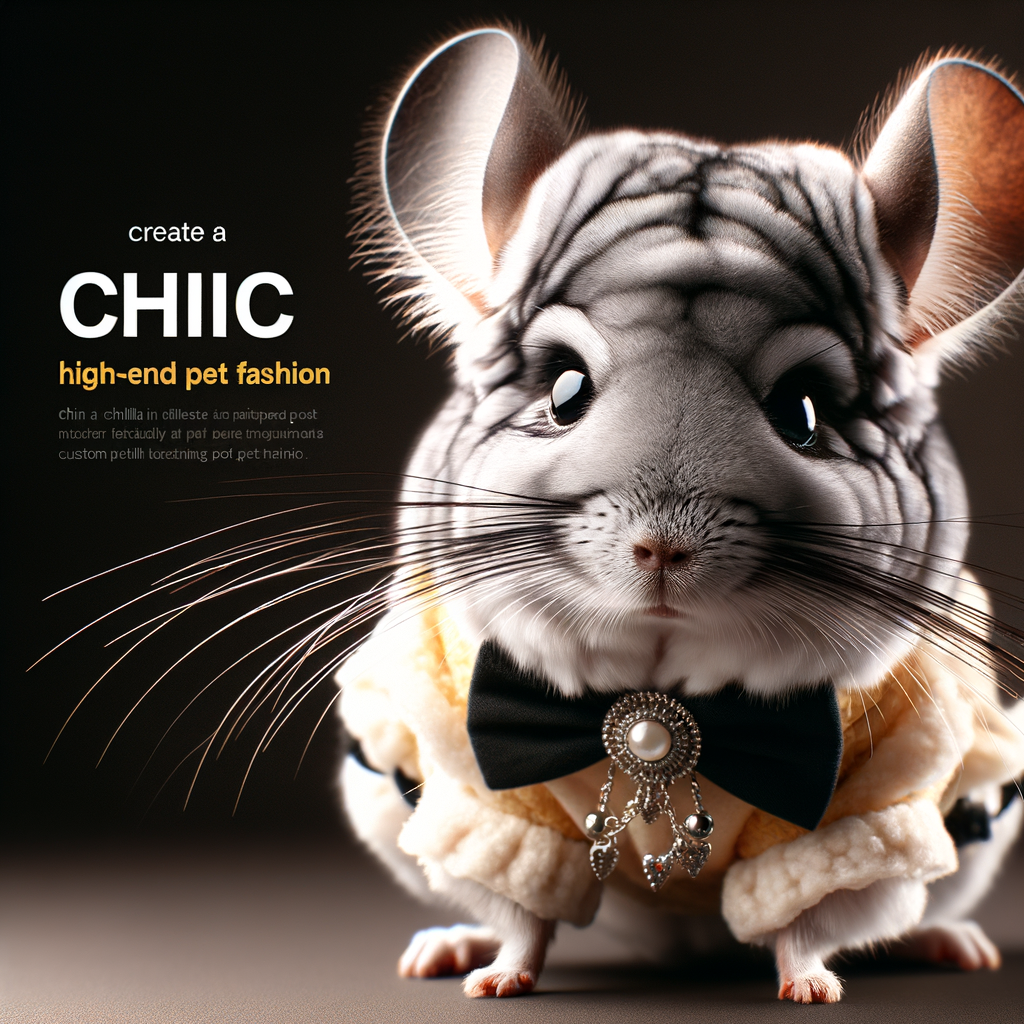 Chic chinchilla model in high-end pet fashion, showcasing stylish pet accessories and luxury chinchilla clothing, embodying the latest chinchilla fashion trends in custom chinchilla outfits.