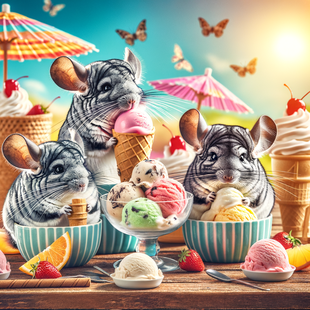 Chinchillas enjoying a DIY ice cream party with homemade summer treats, showcasing chinchilla party ideas and DIY ice cream recipes for a vibrant chinchilla summer party.