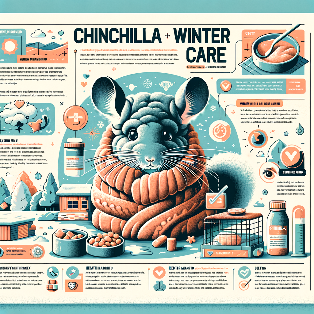 Infographic detailing chinchilla winter care guide, including tips for keeping chinchillas warm, chinchilla winter habitat, diet, health, and safety measures for cold weather.