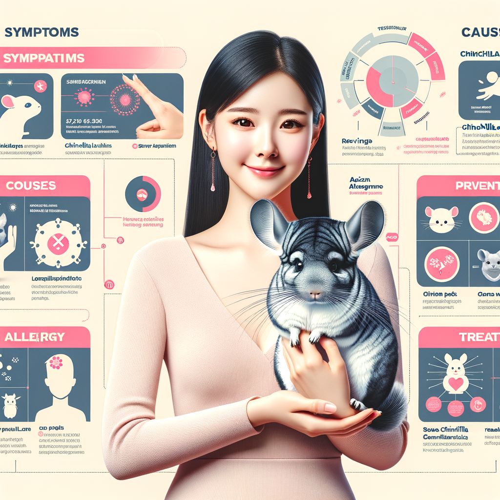 Infographic detailing chinchilla allergies symptoms, causes, prevention, and treatment options, with a person demonstrating pet allergy management for those allergic to chinchilla.