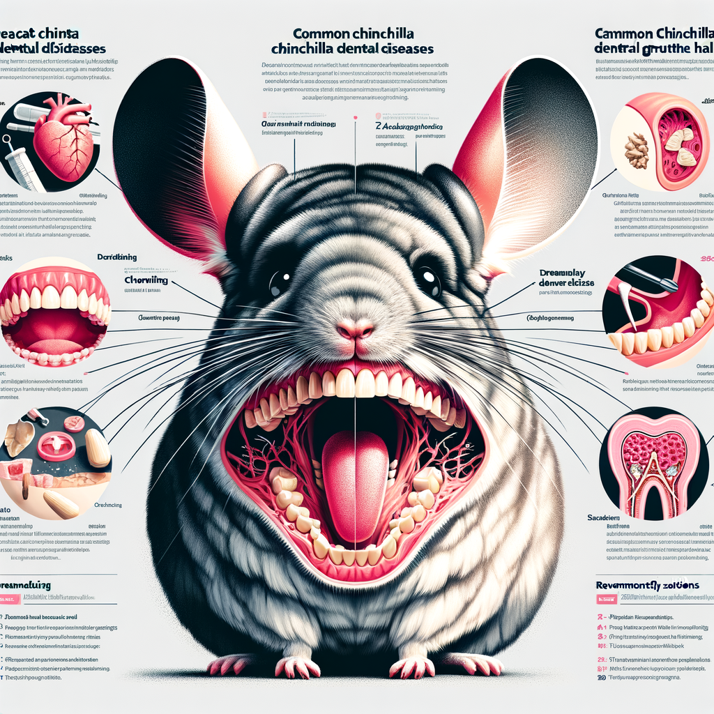 Infographic illustrating chinchilla dental care, highlighting chinchilla teeth problems, chewing issues, teeth grinding, dental diseases, and offering solutions for chinchilla dental health and tooth care tips.