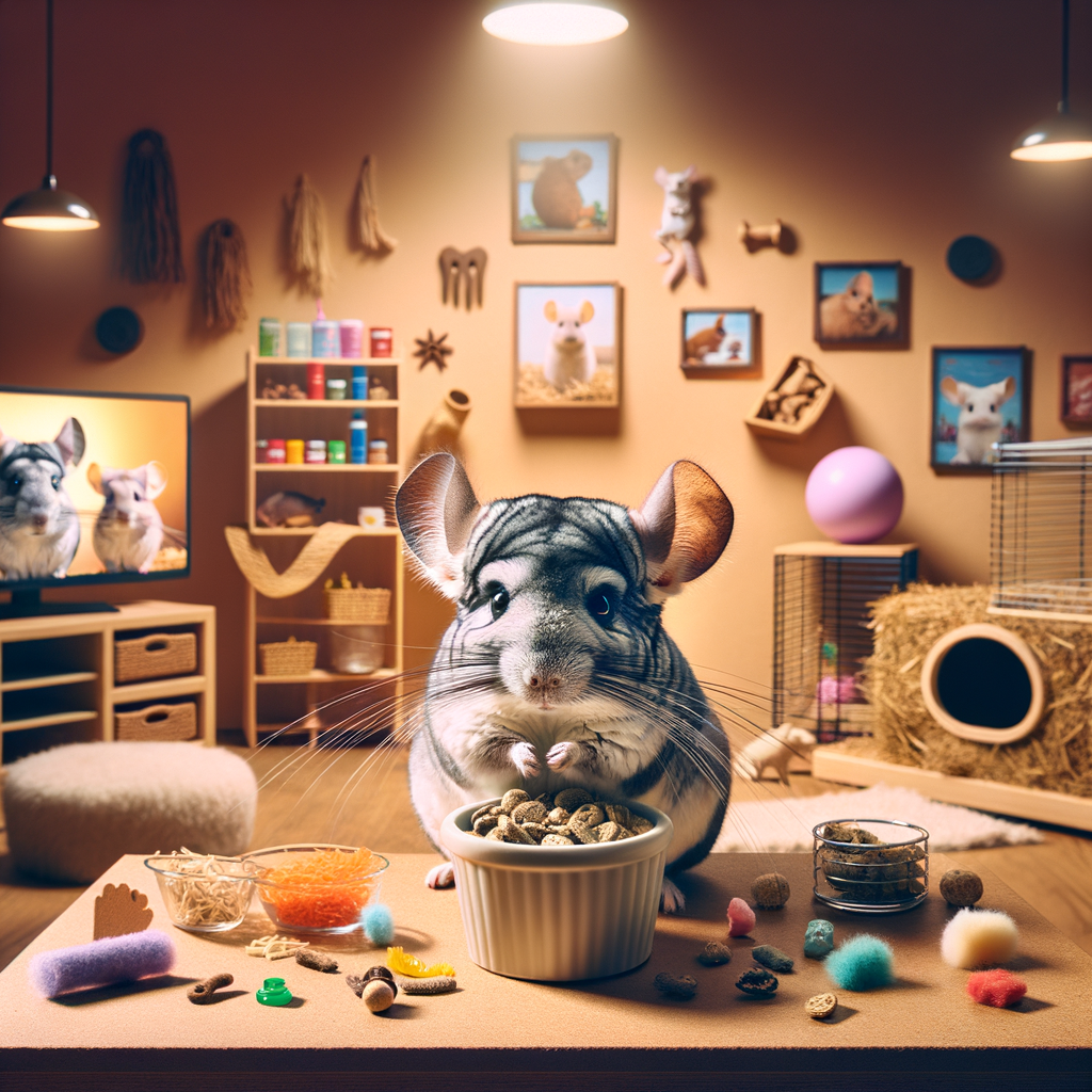 Chinchilla enjoying pet-friendly movie in a cozy living room, surrounded by chinchilla care items and toys, illustrating chinchilla behavior and enrichment during a pet movie night, with a selection of animal-friendly films for choosing movies for pets.