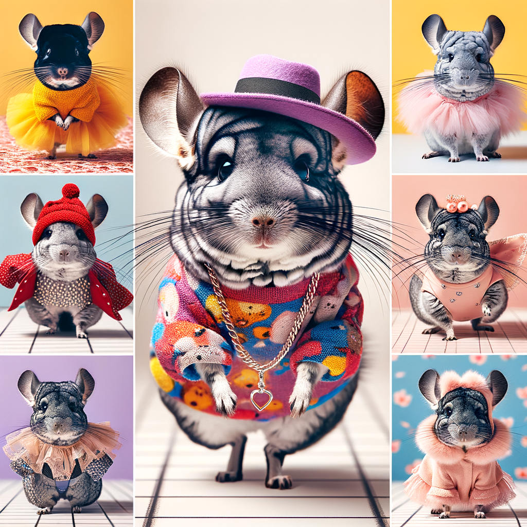 Chinchillas modeling a variety of chinchilla clothes and accessories at a pet fashion show, providing inspiration for dressing up chinchillas with DIY pet costumes and designer outfits.