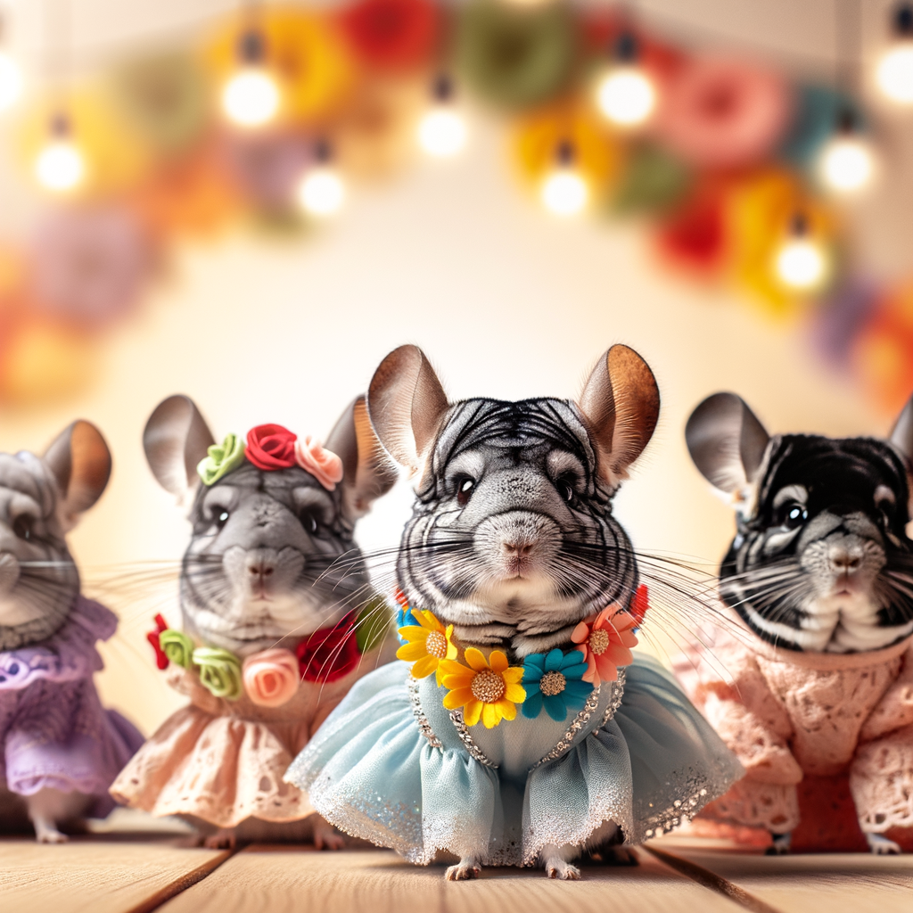 Chinchillas strutting on a pet fashion runway in DIY chinchilla costumes, highlighting the latest chinchilla fashion trends and stylish pet accessories in homemade chinchilla outfits.