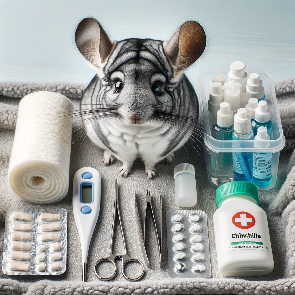 Chinchilla first aid kit showcasing essential supplies for chinchilla emergency care, including bandages, tweezers, and a digital thermometer, with a healthy chinchilla in the background to emphasize the importance of pet emergency supplies in maintaining chinchilla health during emergencies.