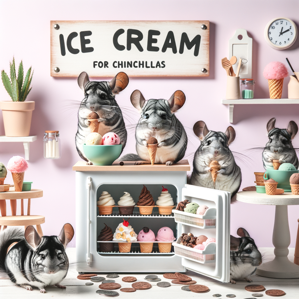 Chinchillas enjoying homemade ice cream at a DIY ice cream parlor, showcasing fun activities with chinchillas and pet-friendly frozen desserts for chinchilla care and DIY projects.