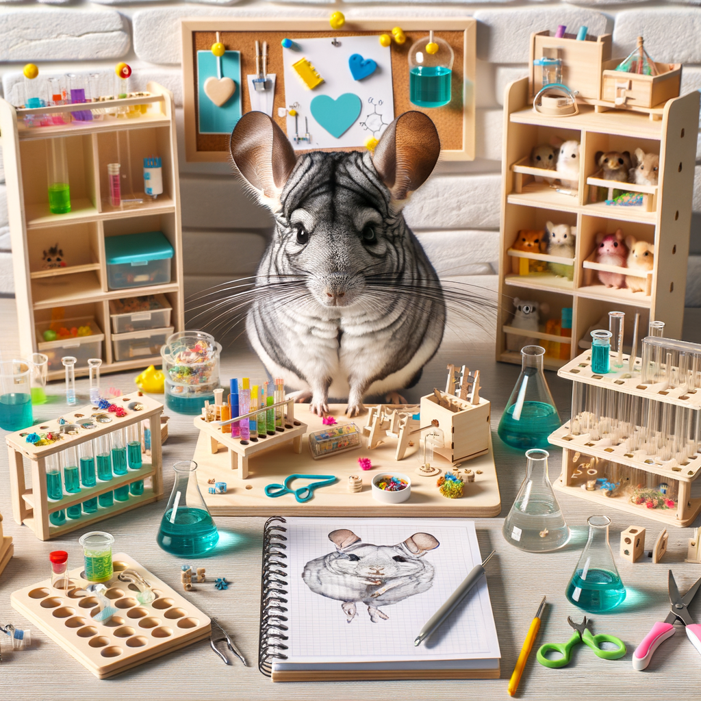 Chinchilla actively participating in DIY science lab experiments, showcasing chinchilla education and learning activities through pet-friendly science experiments and DIY projects for pets.