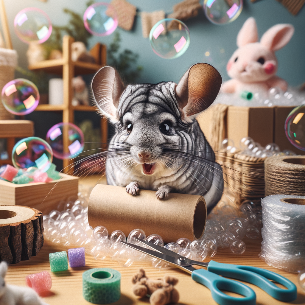 Chinchilla enjoying DIY bubble wrap game, demonstrating poppable playtime for chinchillas with homemade toys, highlighting fun chinchilla DIY projects and activities.