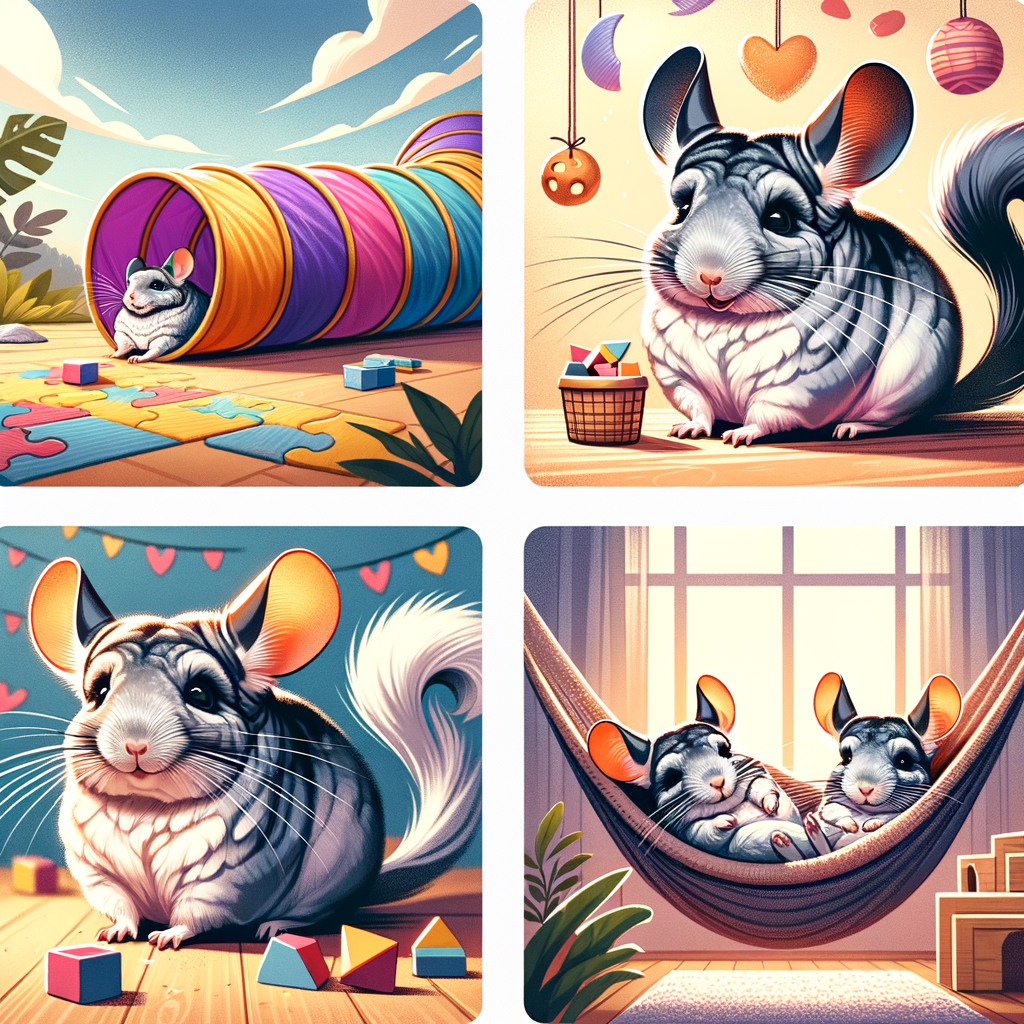 Chinchilla engaging in fun and safe playtime activities, illustrating chinchilla entertainment ideas like exploring a safe play tunnel and resting in a hammock.