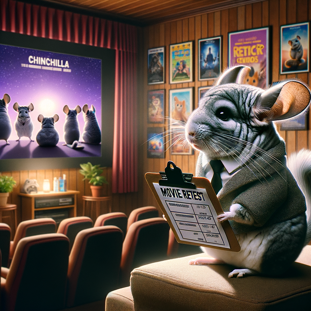 Chinchilla movie critic attentively watching pet-friendly movies, surrounded by furry friend films posters, holding a clipboard with chinchilla movie reviews and pet movie recommendations, symbolizing chinchilla entertainment and animal-friendly movies.