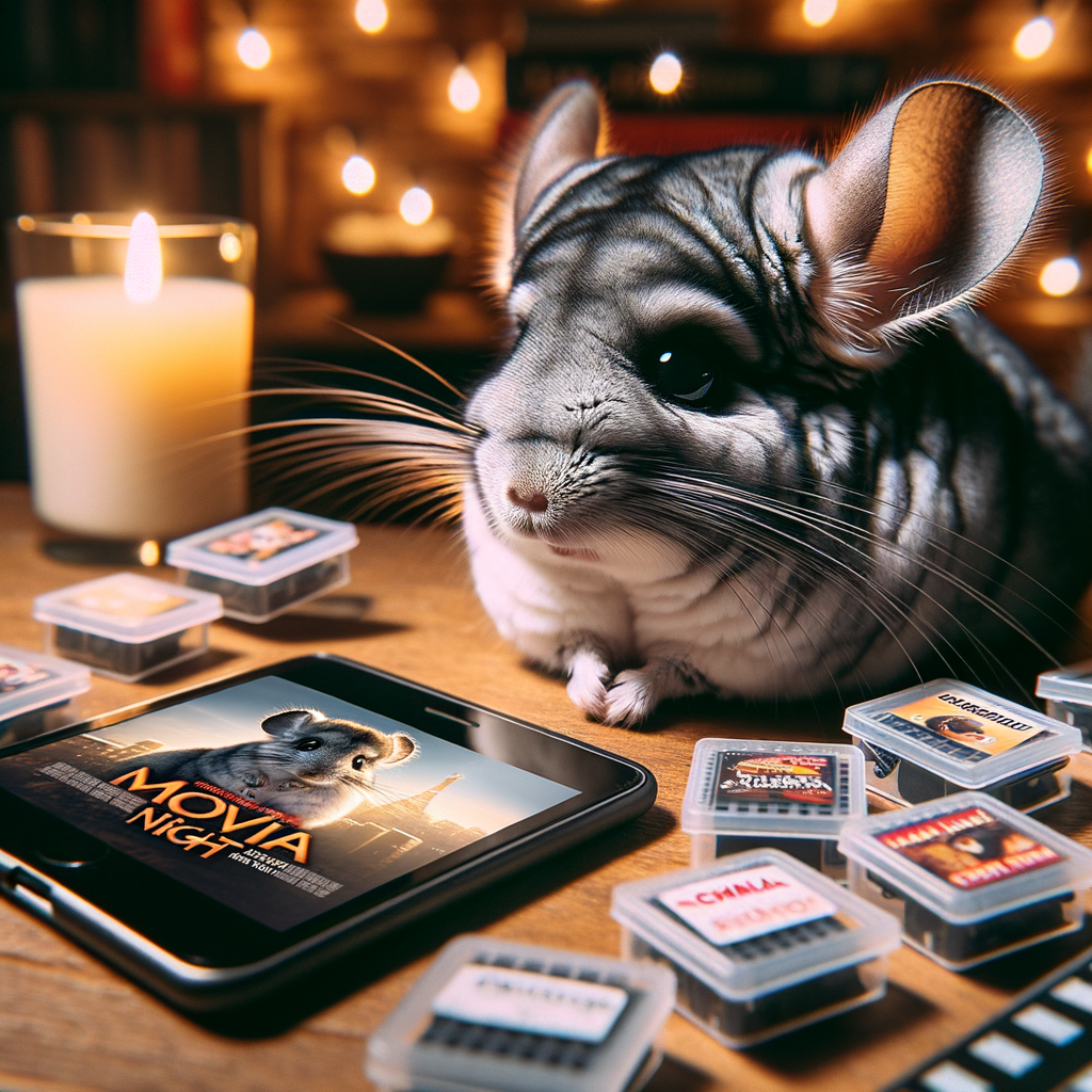 Chinchilla attentively enjoying a movie night, highlighting the importance of selecting the perfect flick for chinchilla entertainment with a selection of pet-friendly movie cases.
