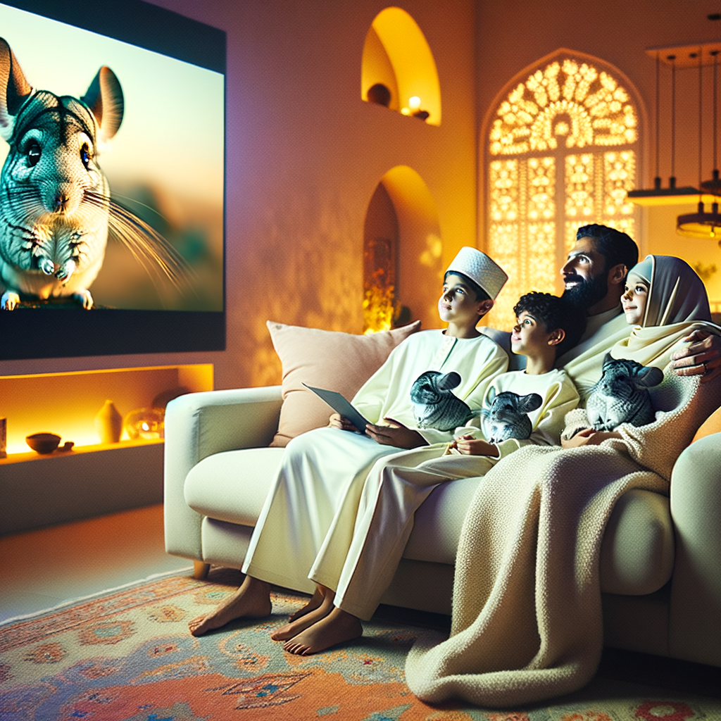 Family enjoying a cozy chinchilla movie night at home, highlighting the joy of pet companionship and indoor activities with chinchillas during a pet-friendly movie marathon.