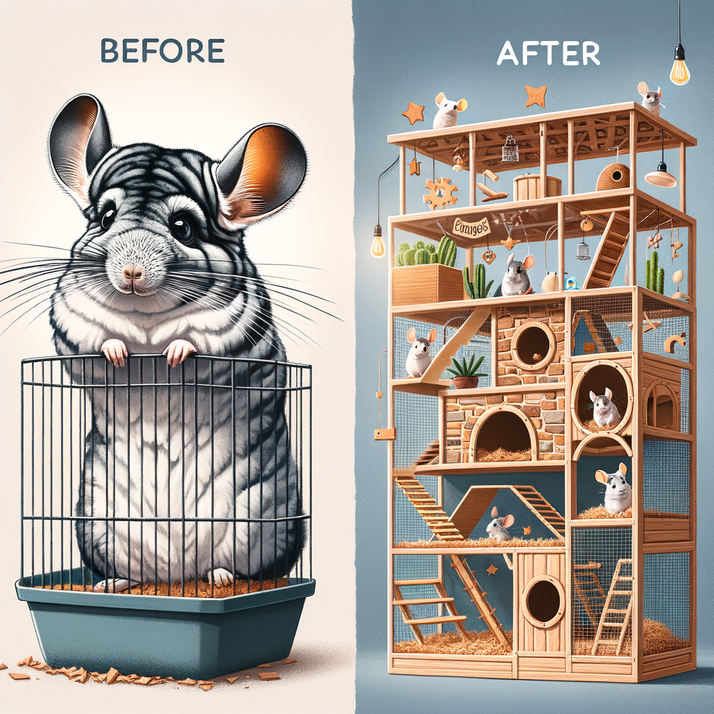 Before and after images of a Chinchilla DIY project, showcasing a pet space makeover with innovative DIY Chinchilla cage ideas, revamping pet homes into Chinchilla-friendly spaces and a renovated habitat.