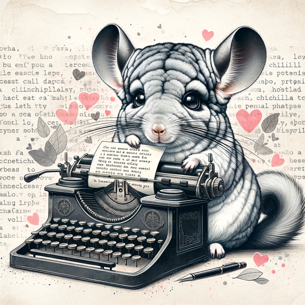 Chinchilla expressing furry feelings through pet poetry on a vintage typewriter, illustrating chinchilla poetry, emotions, and care for understanding chinchilla behavior.