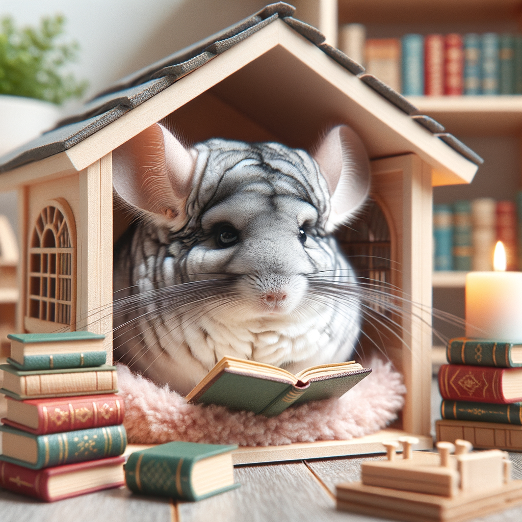 Chinchilla reading nooks featuring a furry bookworm in a cozy chinchilla retreat, highlighting chinchilla care in comfortable, pet-friendly reading areas within a book-themed chinchilla habitat.