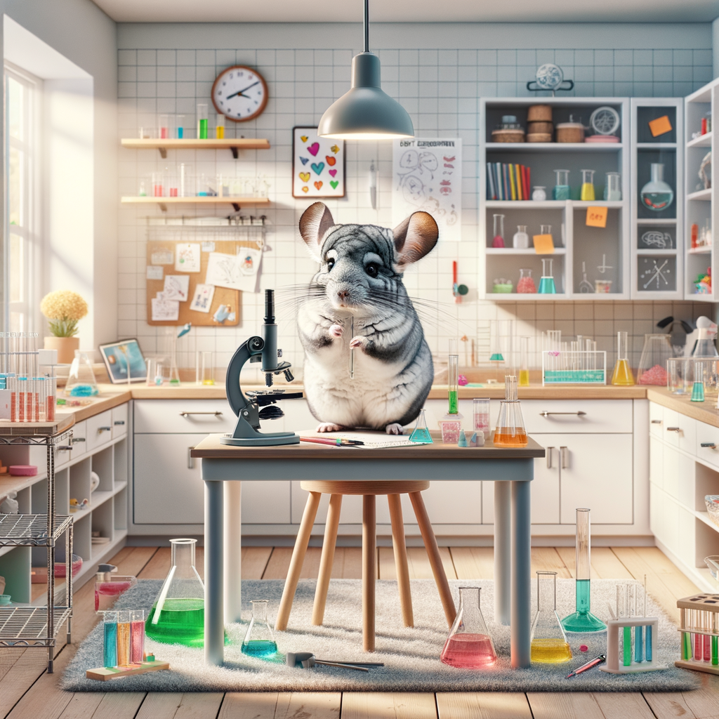 Chinchilla actively engaged in DIY science experiments in a well-organized lab, highlighting chinchilla education and learning activities for pet science projects.