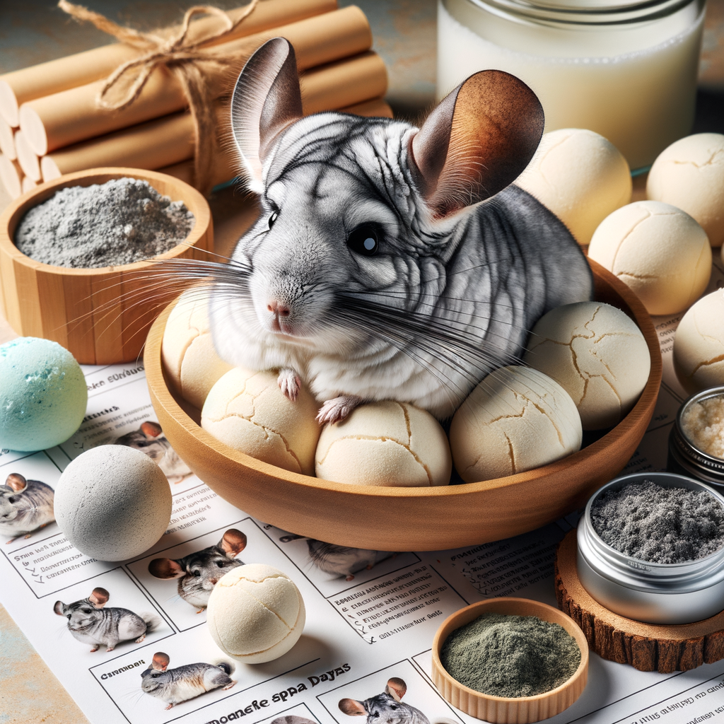 Chinchilla enjoying a DIY pet spa day with homemade chinchilla bath bombs, showcasing luxury chinchilla care, bathing techniques, and DIY tips for making bath bombs for pets.