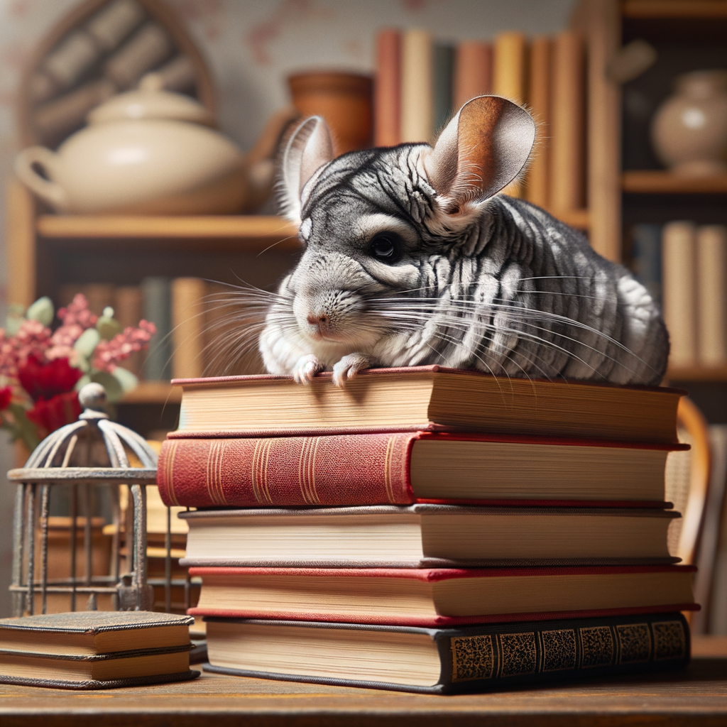 Chinchilla reflecting on life lessons while sitting on philosophy books, illustrating pet chinchilla care and understanding, symbolizing chinchilla behavior and lifestyle in a domestic setting.