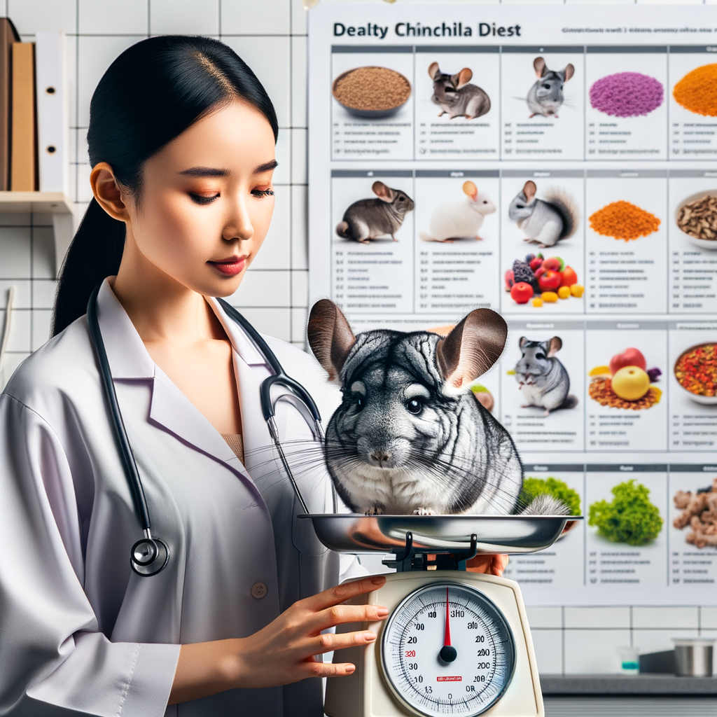 Veterinarian monitoring healthy chinchilla weight on a scale, emphasizing chinchilla diet, nutrition, and weight control for maintaining chinchilla size and preventing overweight chinchillas, with a chinchilla feeding guide in the background.