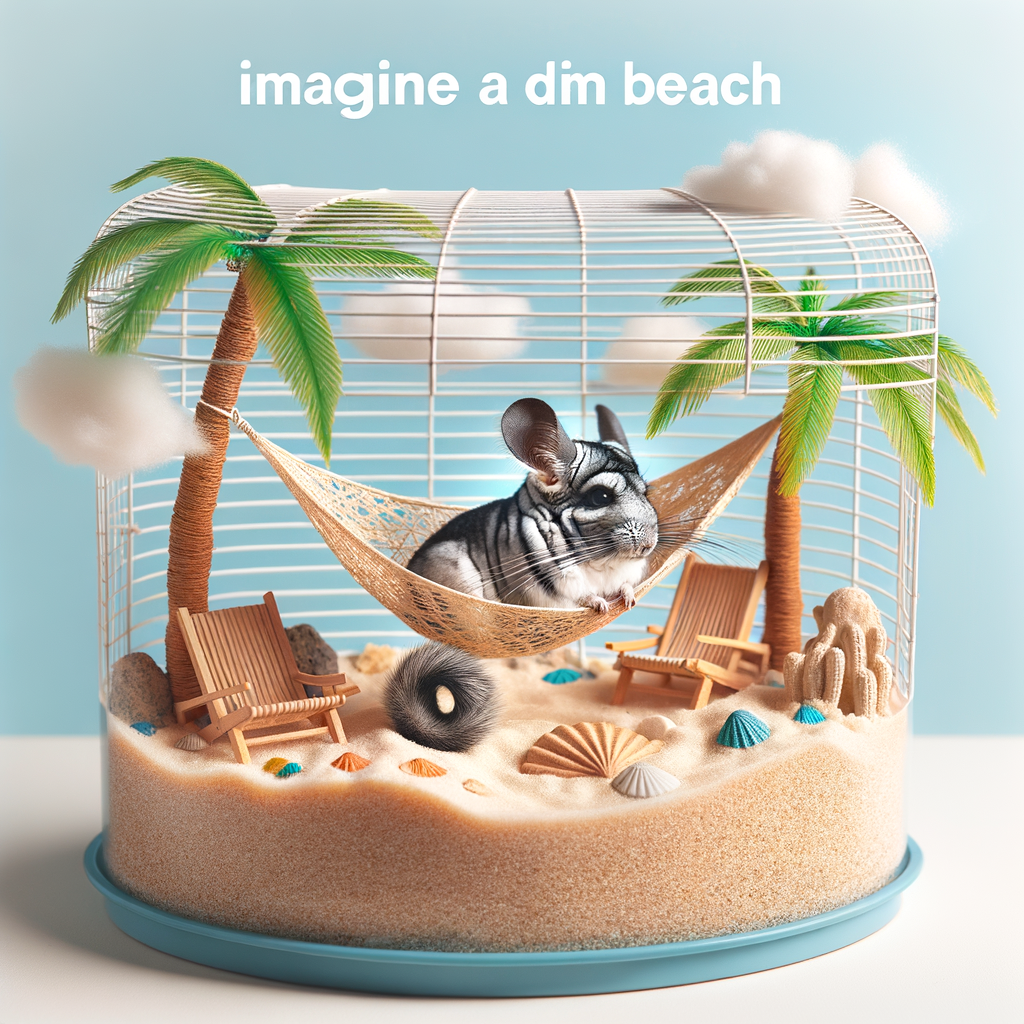 DIY Beach Bungalow Chinchilla Cage Decor featuring Coastal Cage Design elements like miniature palm trees, sandy base, and tiny hammock for a perfect Chinchilla Beach Bungalow experience.