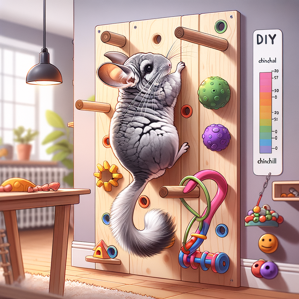 Chinchilla enthusiastically climbing a DIY chinchilla wall filled with homemade toys, promoting vertical adventures and exercise in a chinchilla home setup.