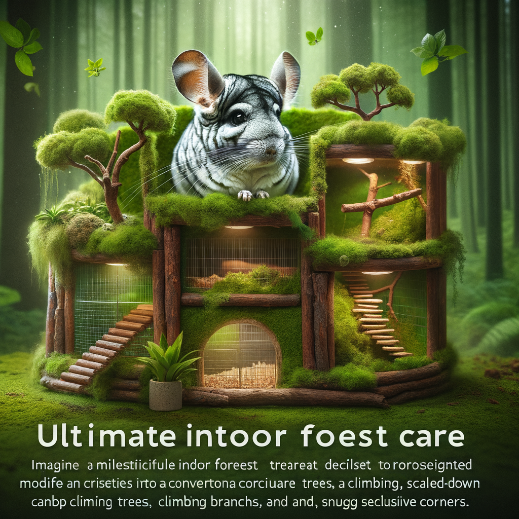 Chinchilla DIY projects transforming a regular chinchilla habitat into an indoor forest retreat, showcasing ultimate chinchilla care and indoor nature for pets with cozy hideaways and climbing branches.