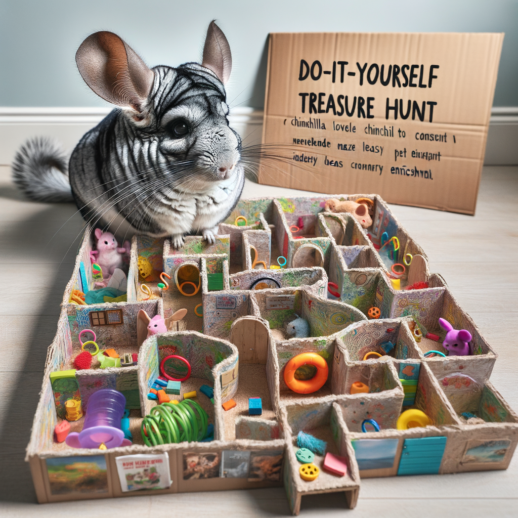 Chinchilla engaging in a DIY treasure hunt, showcasing pet enrichment activities and innovative chinchilla care ideas with homemade toys and treats for inquisitive pets.