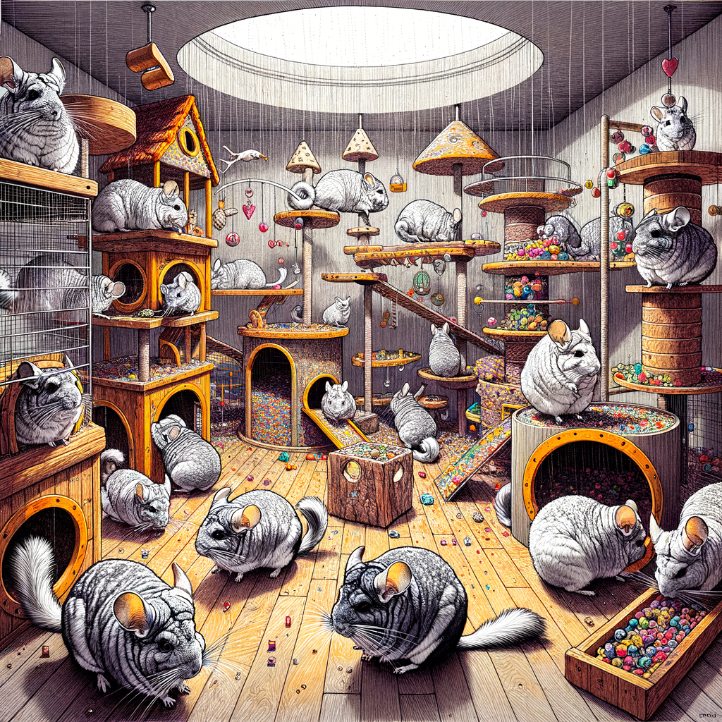 Chinchillas enjoying indoor activities in a vibrant DIY chinchilla indoor playground, featuring homemade chinchilla toys, tunnels, and climbing structures for rainy day entertainment.