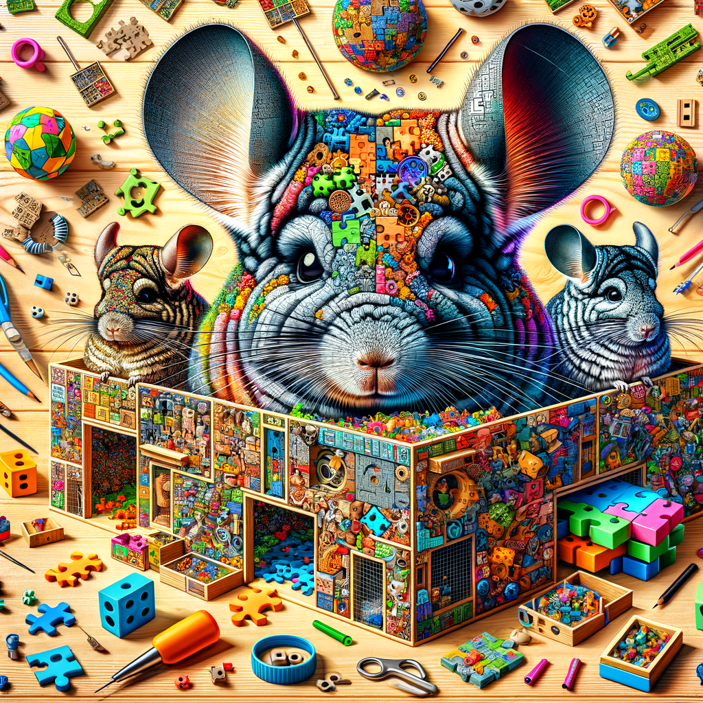 Vibrant display of Chinchilla DIY games, featuring a Puzzle Palace for Chinchillas, homemade Chinchilla puzzles, brain-teasing games, DIY pet puzzles, and enrichment activities, illustrating Chinchilla Puzzle Palace ideas.