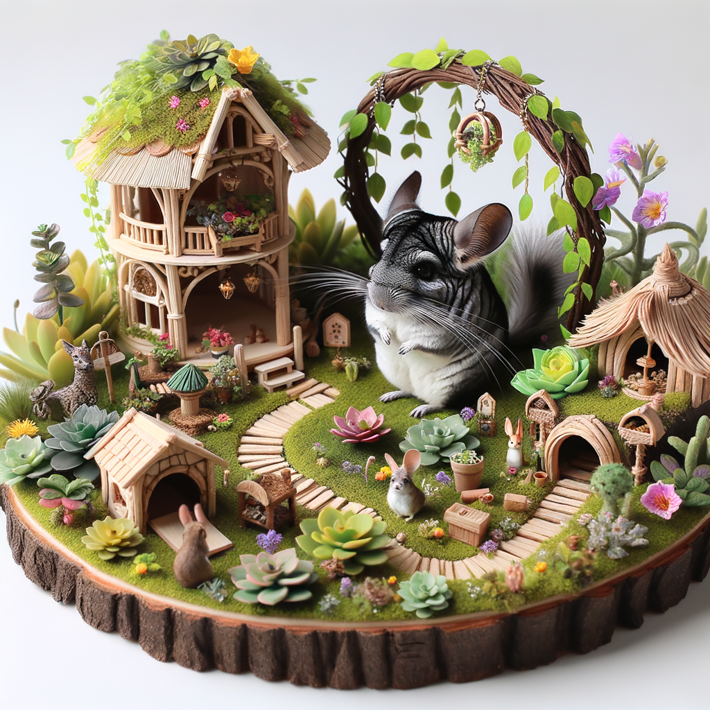 Enchanting DIY fairy garden for pets with pet-friendly elements and lush greenery, showcasing DIY chinchilla accessories for a magical chinchilla garden decor.