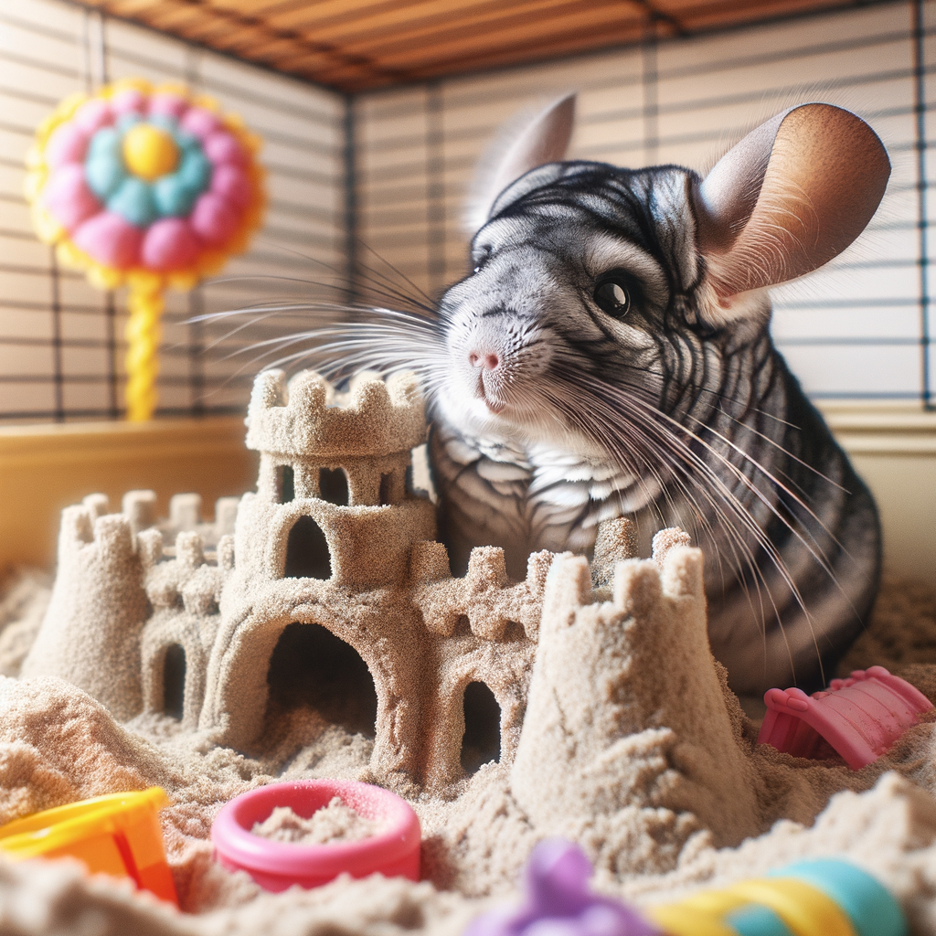 Chinchilla enjoying a DIY sand bath in a cage setup, surrounded by homemade toys and a chinchilla-friendly sandcastle, showcasing chinchilla care and enrichment activities for an indoor beach day.