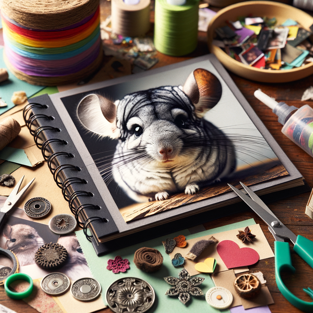 Creative workspace for DIY pet scrapbook creation with a focus on chinchilla scrapbook ideas, featuring a chinchilla photo album, chinchilla keepsakes, and materials for building a personalized chinchilla scrapbook, symbolizing a journey down pet memory lane.