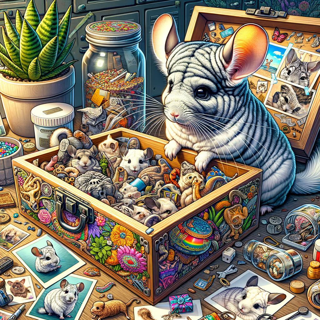 Chinchilla engaging in a DIY time capsule project, showcasing pet memory preservation, chinchilla keepsakes, and documenting pet memories for a unique chinchilla pet care activity.