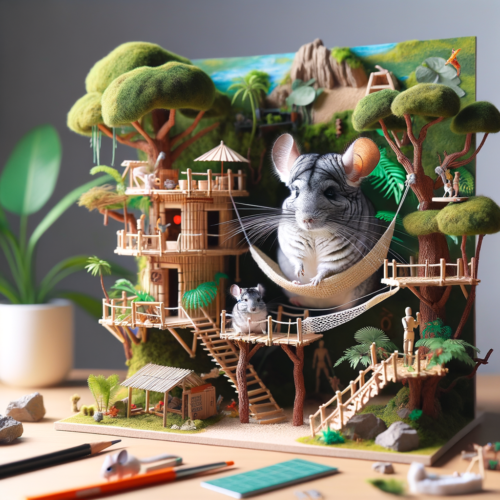 Chinchilla engaging in a DIY Jungle Safari at home, showcasing exotic adventures for pets with a meticulously crafted DIY Chinchilla Jungle, highlighting thrilling Chinchilla home adventures.