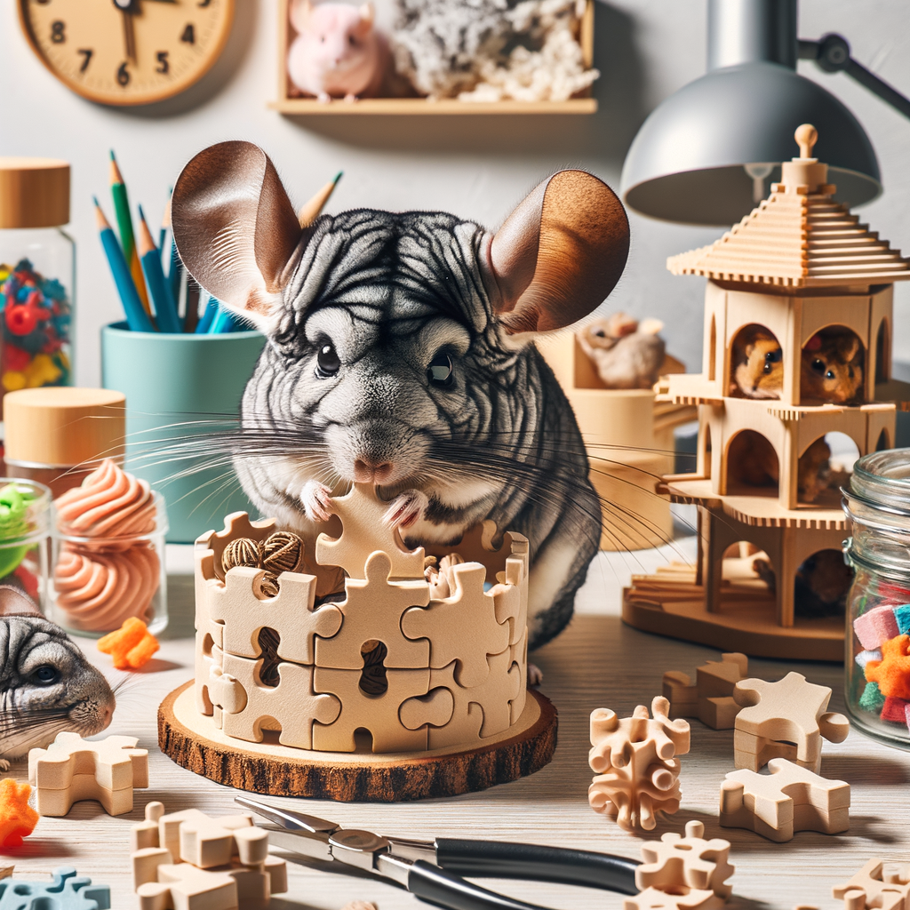 Chinchillas enjoying interactive toys and solving homemade puzzles in a vibrant DIY Puzzle Palace, showcasing fun enrichment activities and innovative Chinchilla DIY projects.