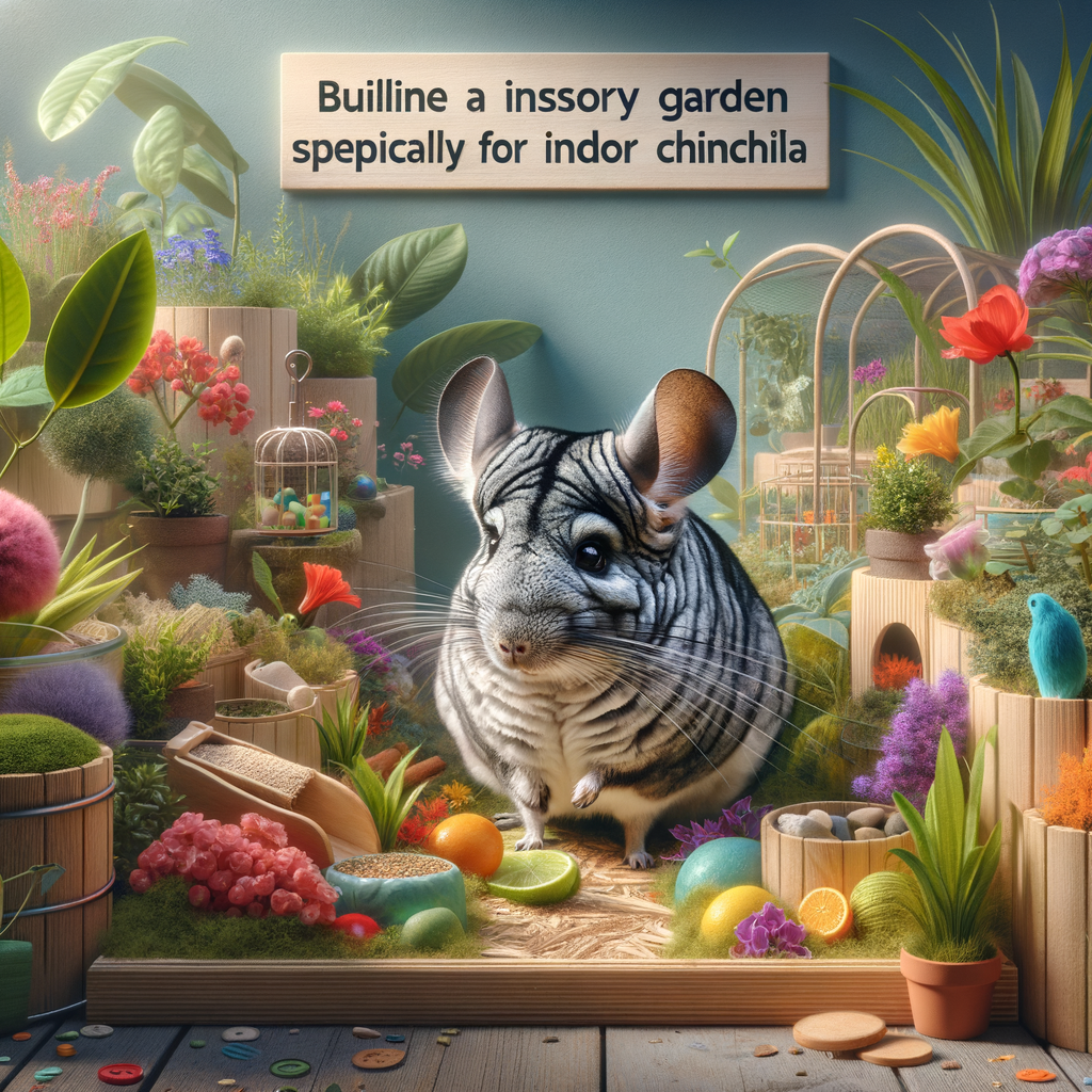 Chinchilla exploring a vibrant DIY sensory garden indoors, highlighting chinchilla indoor activities and nature exploration in a sensory garden for chinchillas.