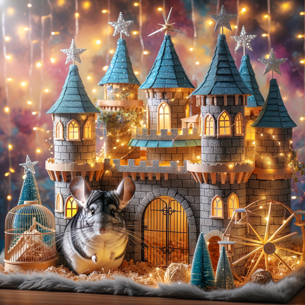 Chinchilla cage decor featuring a DIY fairy tale castle, a magical chinchilla cage idea with homemade chinchilla decor, and a fairy tale theme for a creative DIY pet cage decor.