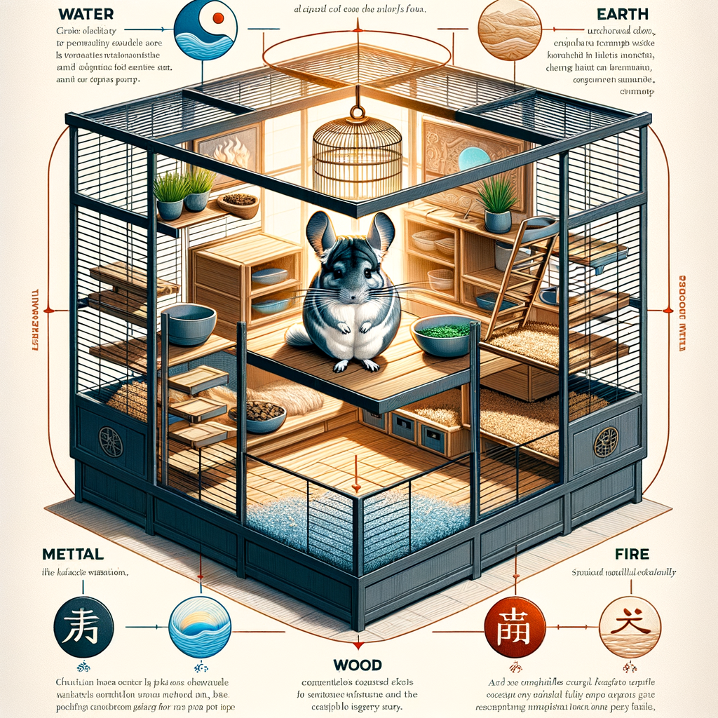 Harmonious Chinchilla cage design showcasing Feng Shui principles for pets, demonstrating the ideal Chinchilla cage setup for optimal care and balanced Chinchilla habitat arrangement.