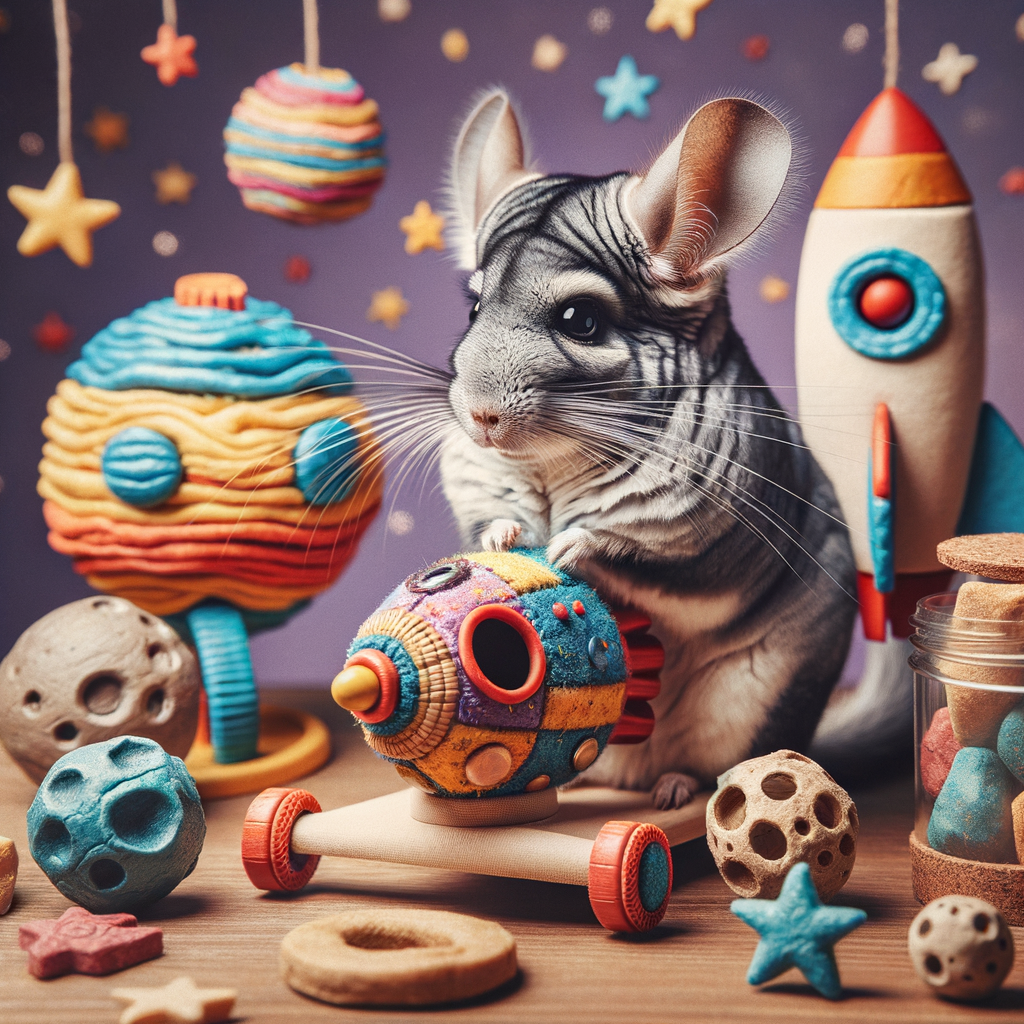 Chinchilla enjoying Space-Themed Playtime with DIY Chinchilla Toys including a mini rocket and planet chew toys, showcasing Chinchilla Cosmic Connection and creativity in DIY Pet Playtime.