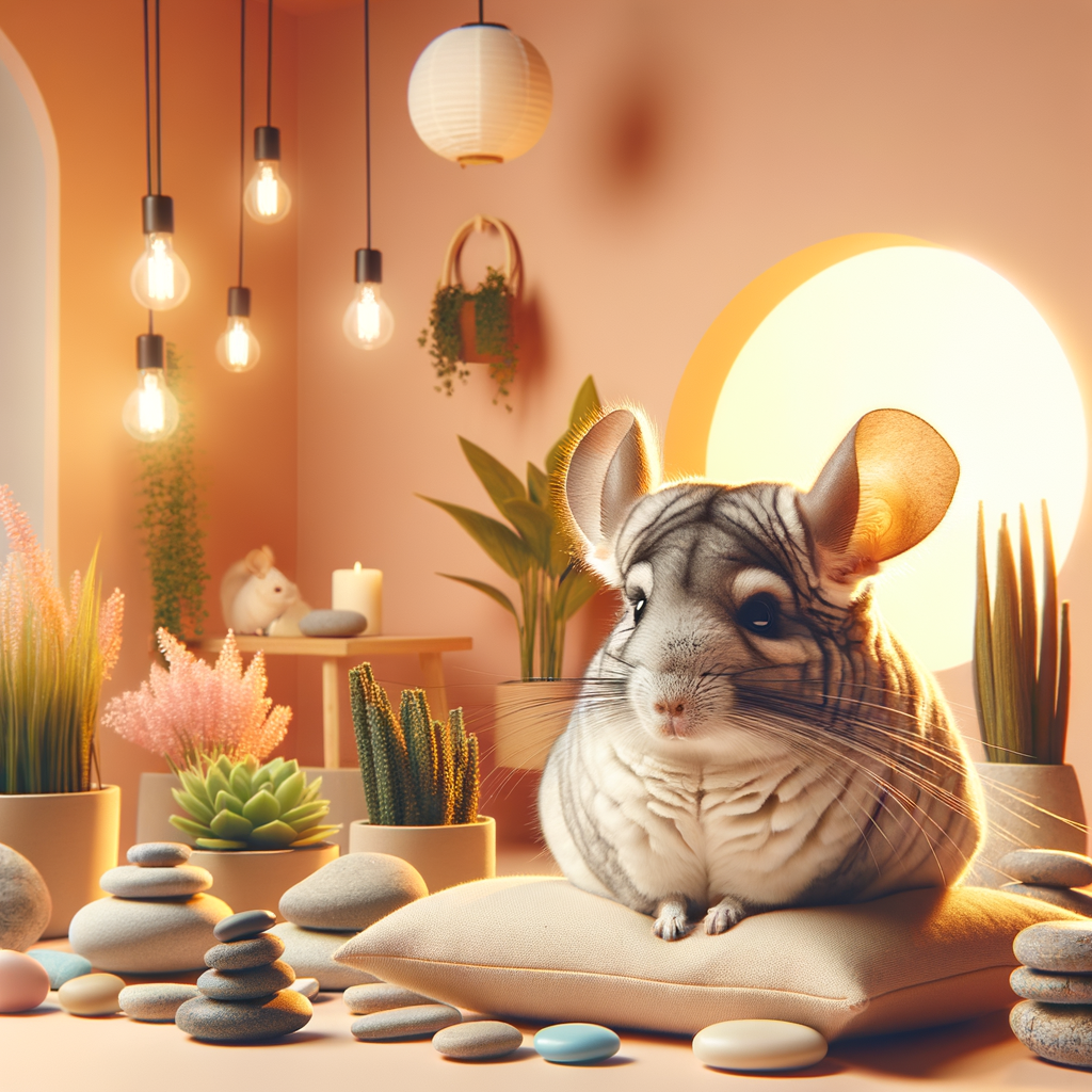 Chinchilla lounging in a serene, stress-free habitat, demonstrating chinchilla care and wellness in a relaxing retreat for pets with zen zone elements promoting chinchilla health and comfort.