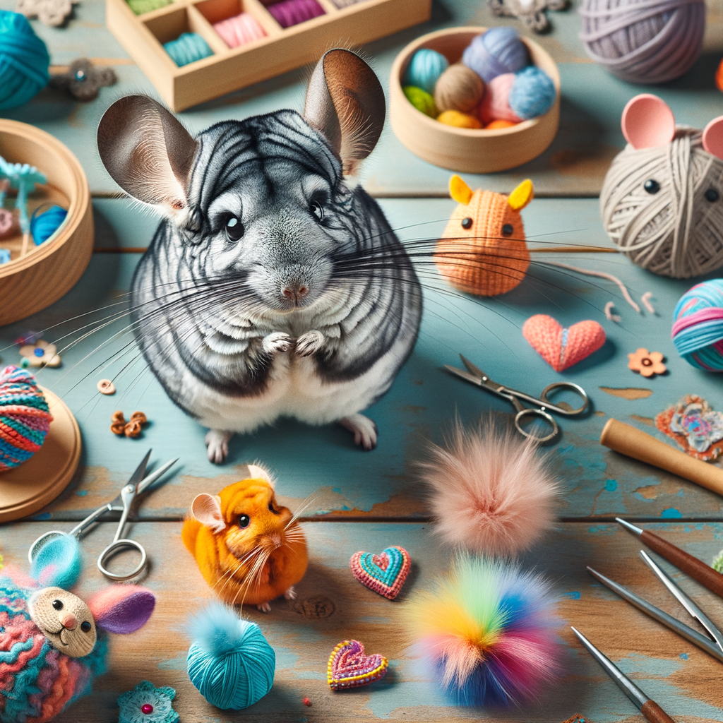 Chinchillas happily engaging with colorful DIY Chinchilla Toys, showcasing a variety of Pet-Friendly Art Projects and Chinchilla Crafts, demonstrating creative Chinchilla Play Ideas and safe Art Projects for Chinchillas.